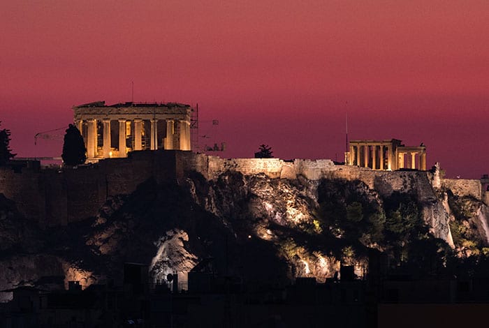 The Parthenon during sunset.